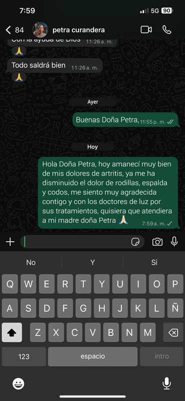 Mensaje de WhatsApp agradeciendo a Doña Petra por la mejoría de artritis